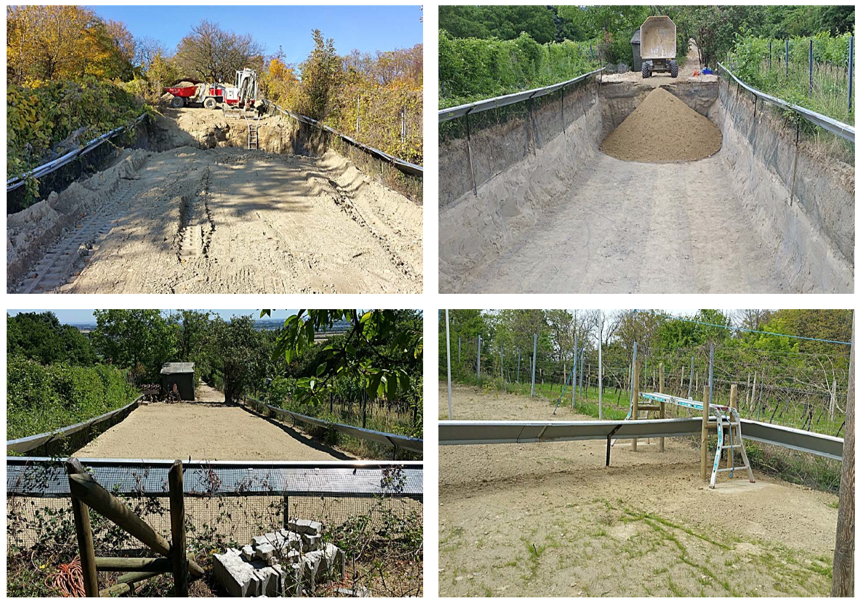 Four photos. The top left image shows a site with excavation works. The top right image shows the refilling of soil over the underground grating structure. The bottom left image shows the area almost completely filled in, and the bottom right image shows the site fully restored and filled.